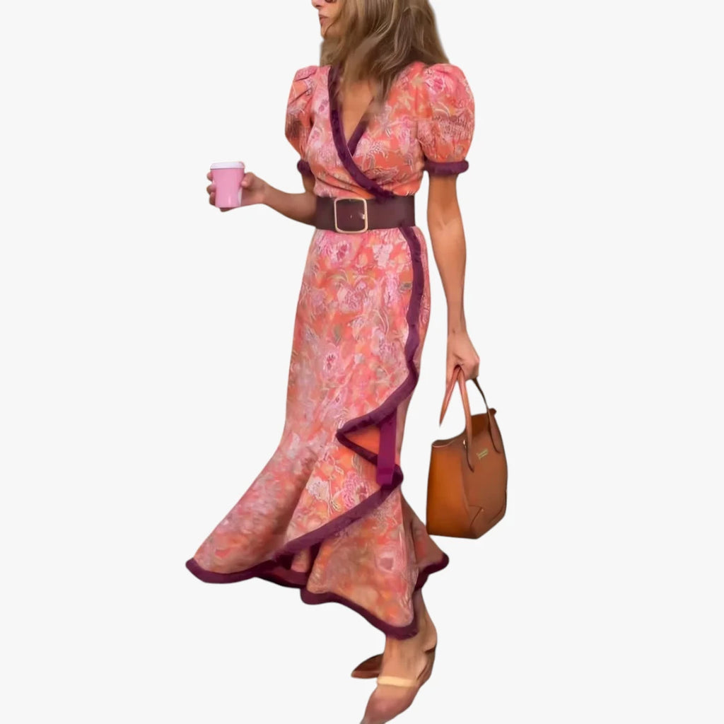 Dame Boho Midi Sommerkjole med V-Udskæring og Flæser