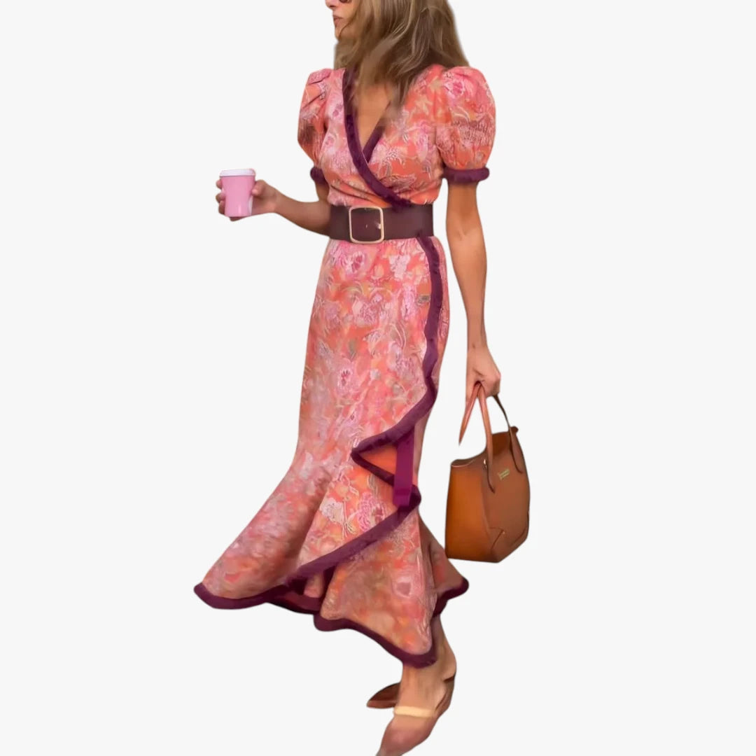 Dame Boho Midi Sommerkjole med V-Udskæring og Flæser