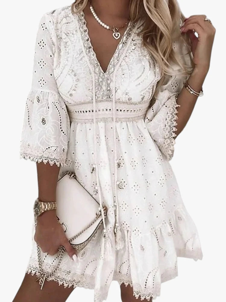 Dame Boho Mini Sommerkjole med Blonder