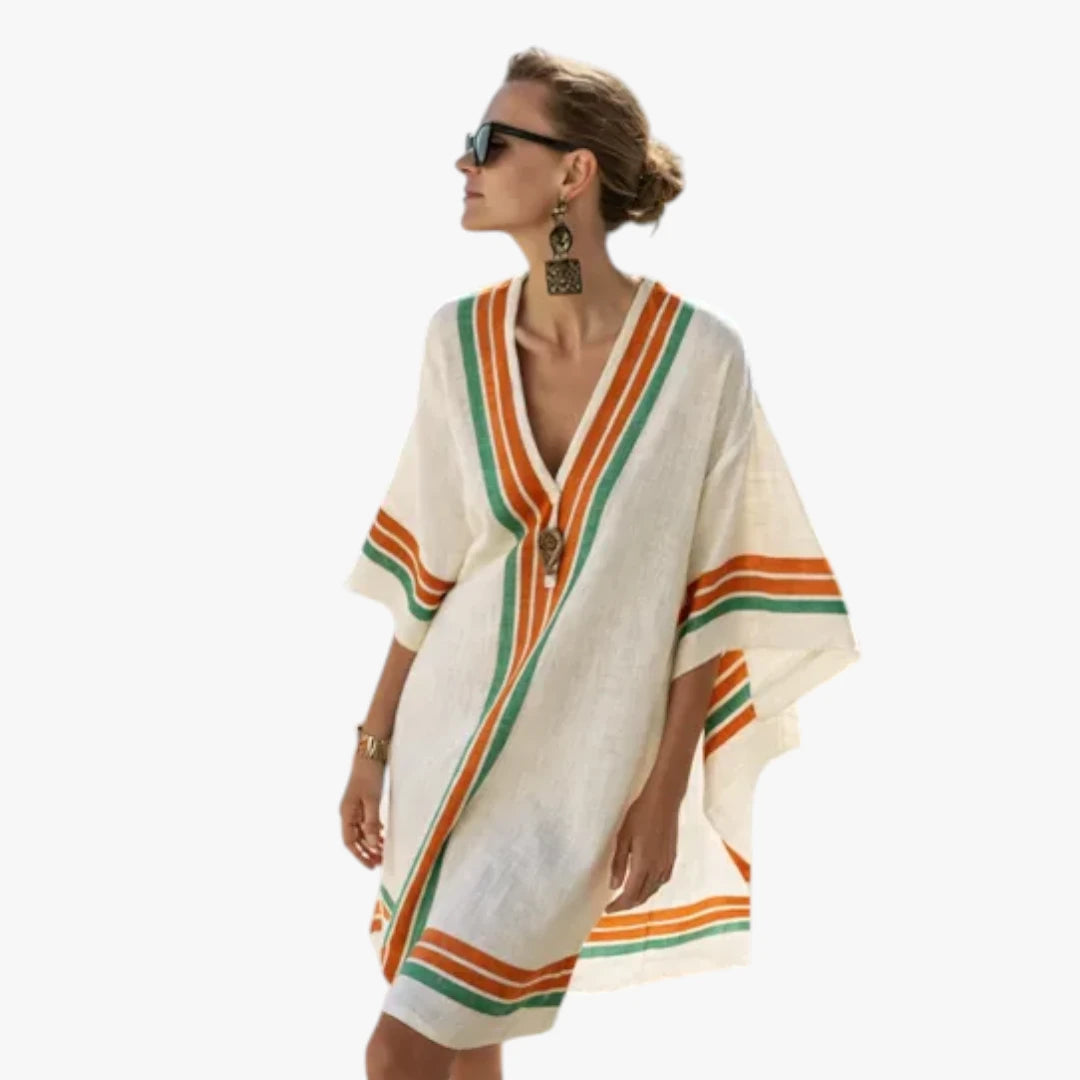 Dame Boho Mini Sommerkjole med V-Udskæring og Striber