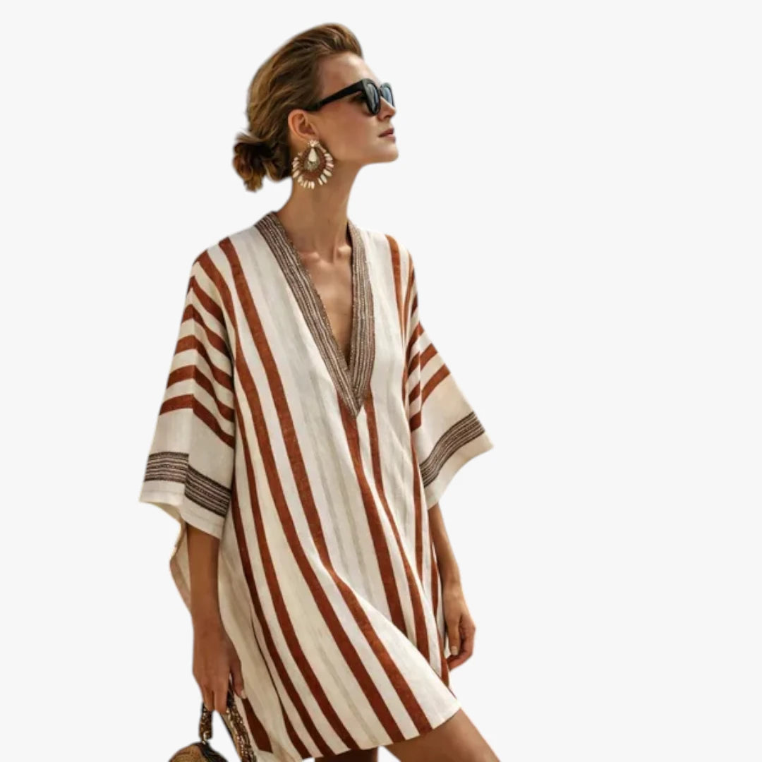 Dame Boho Mini Sommerkjole med V-Udskæring og Striber
