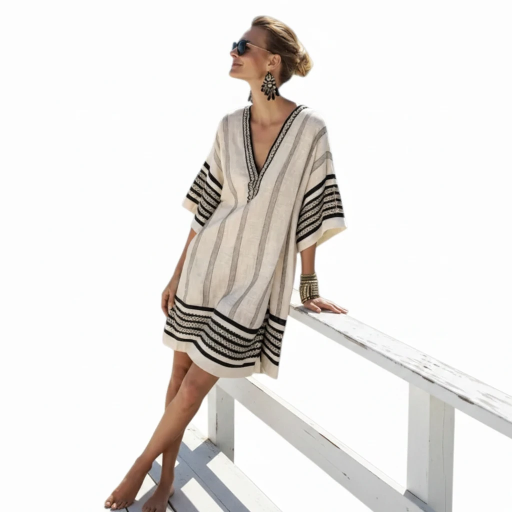 Dame Boho Mini Sommerkjole med V-Udskæring og Striber