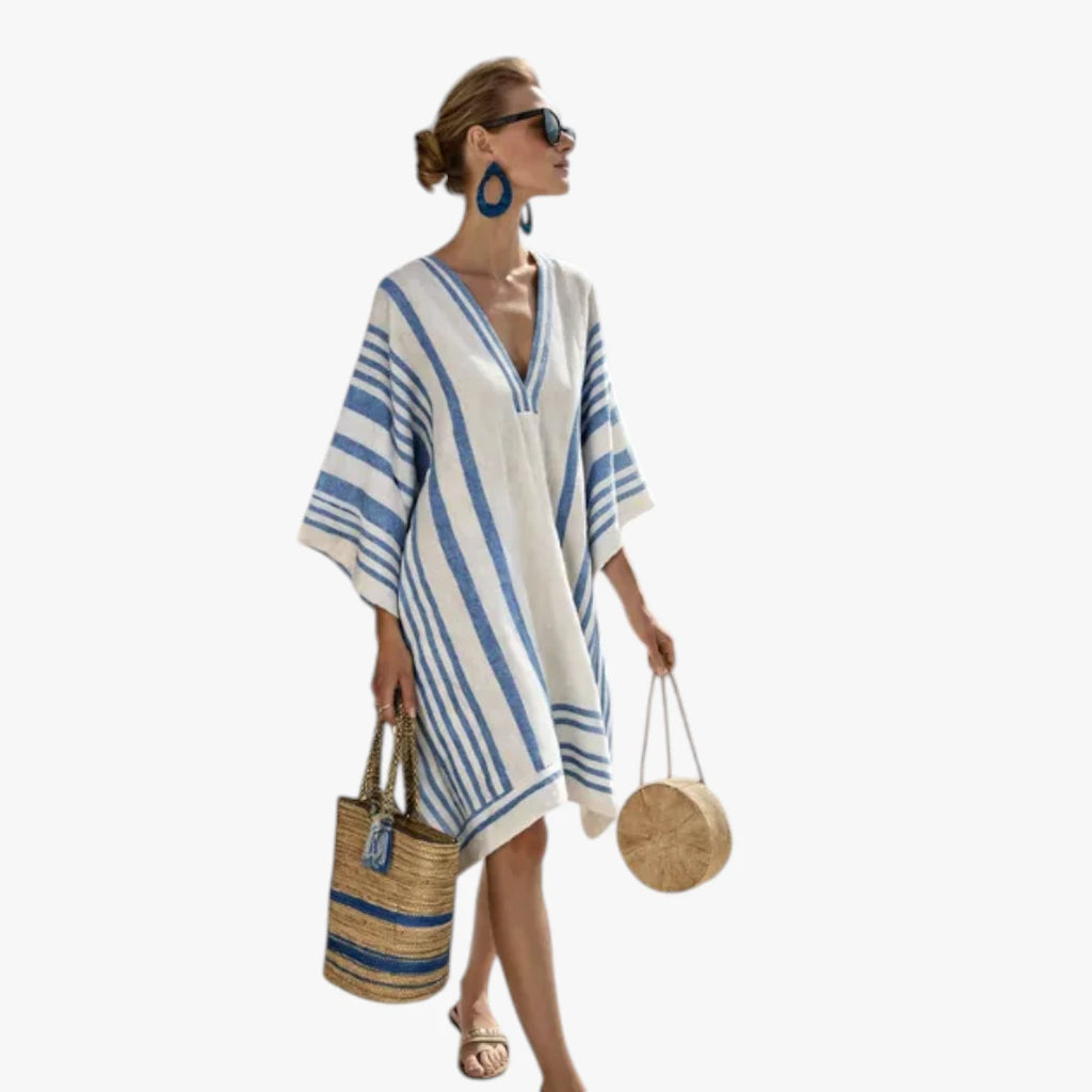 Dame Boho Mini Sommerkjole med V-Udskæring og Striber
