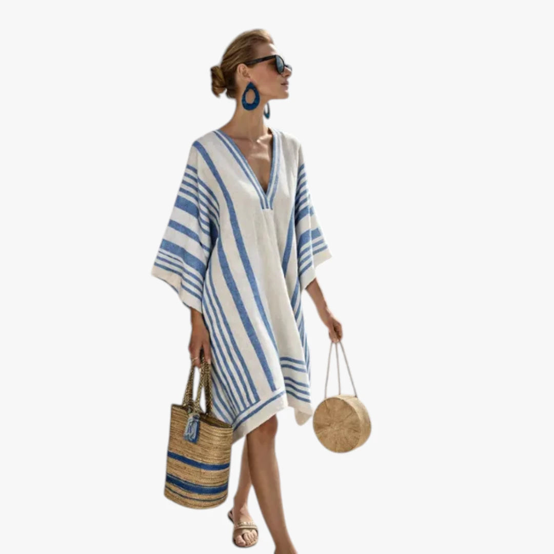 Dame Boho Mini Sommerkjole med V-Udskæring og Striber