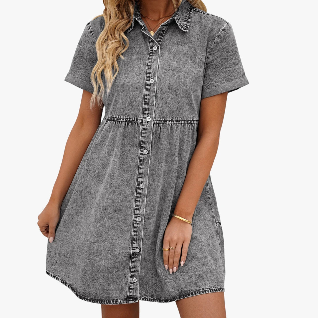 Dame Denim Mini Sommerkjole med Kraven
