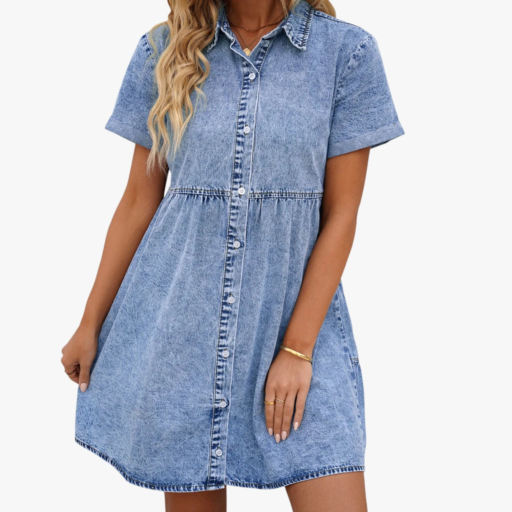 Dame Denim Mini Sommerkjole med Kraven