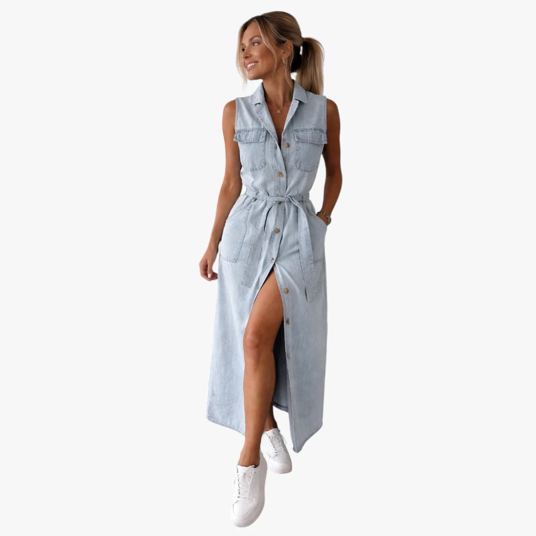 Dame Denim Sommerkjole med Knapper og Lommer