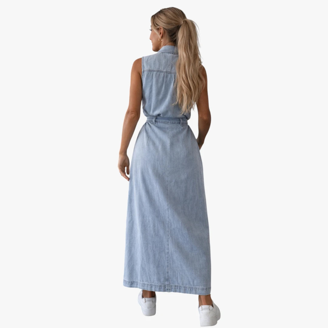 Dame Denim Sommerkjole med Knapper og Lommer