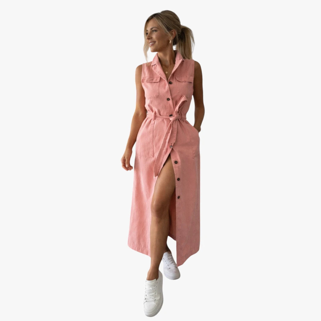 Dame Denim Sommerkjole med Knapper og Lommer