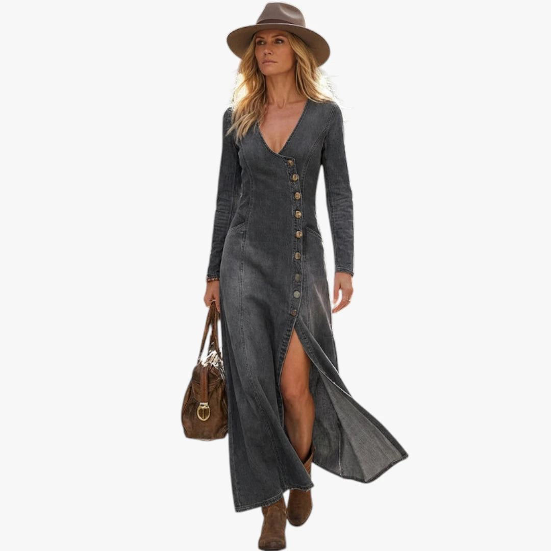 Dame Elegant Maxi Denimkjole med Knapper