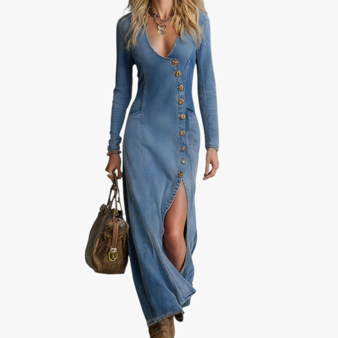 Dame Elegant Maxi Denimkjole med Knapper