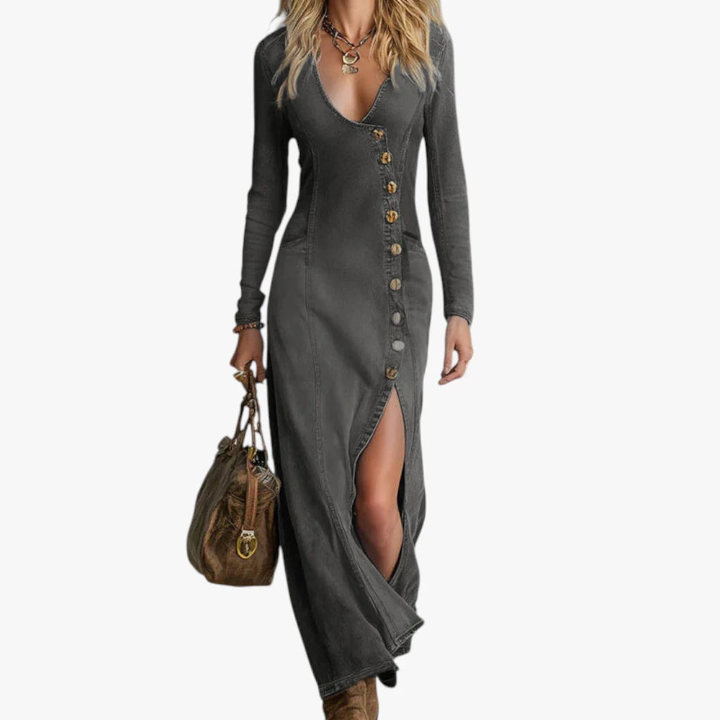 Dame Elegant Maxi Denimkjole med Knapper