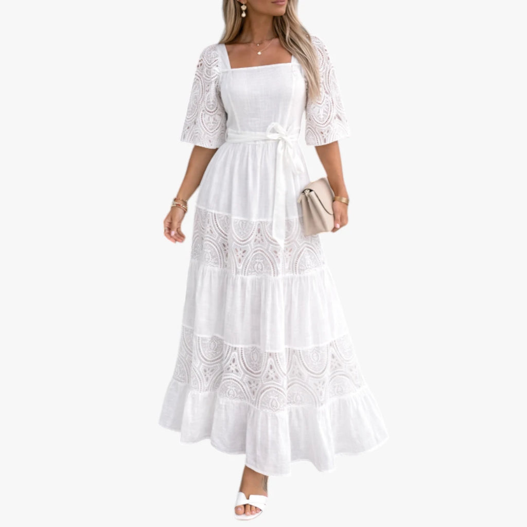 Dame Elegant Maxi Sommerkjole med Firkantig Hals og Bælte