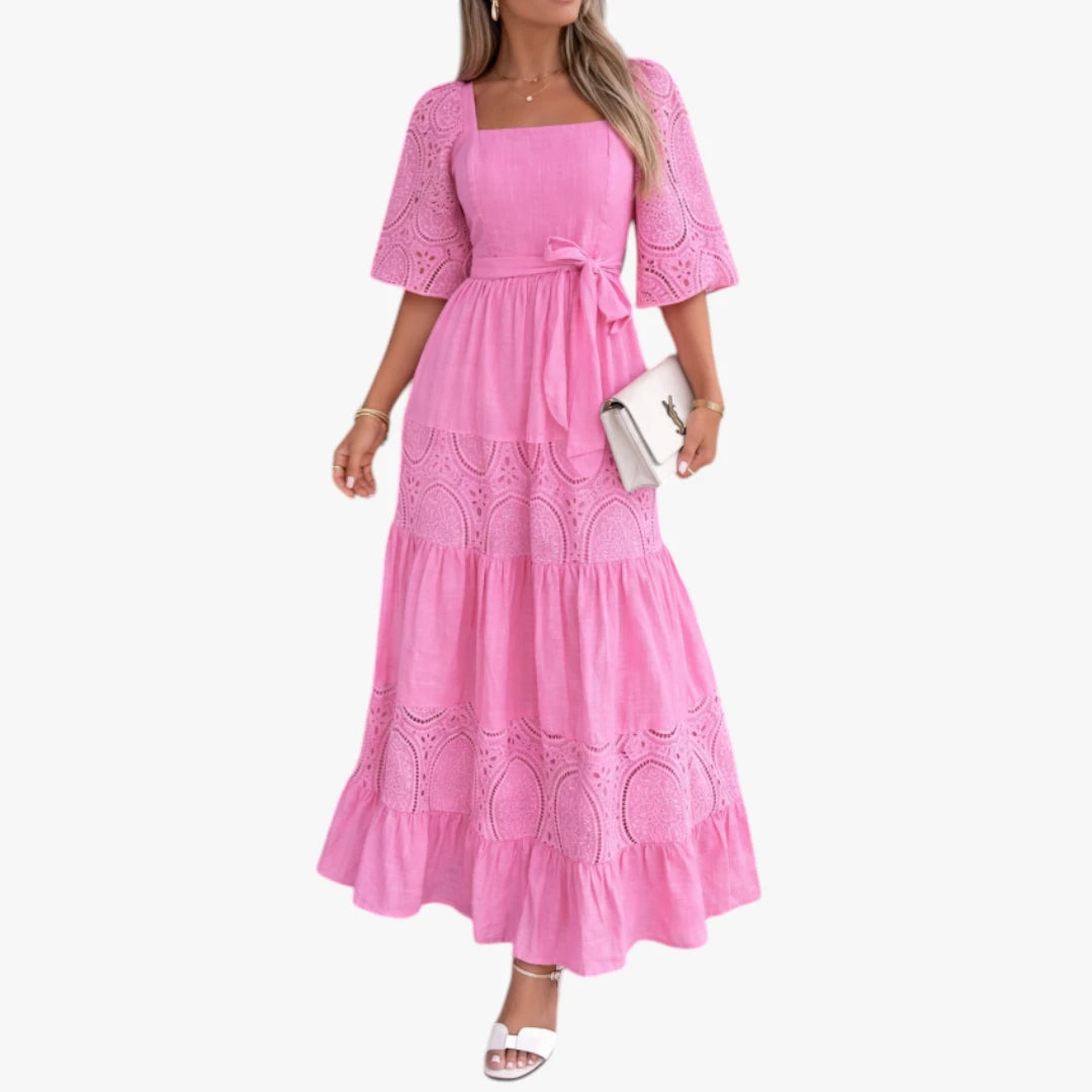 Dame Elegant Maxi Sommerkjole med Firkantig Hals og Bælte