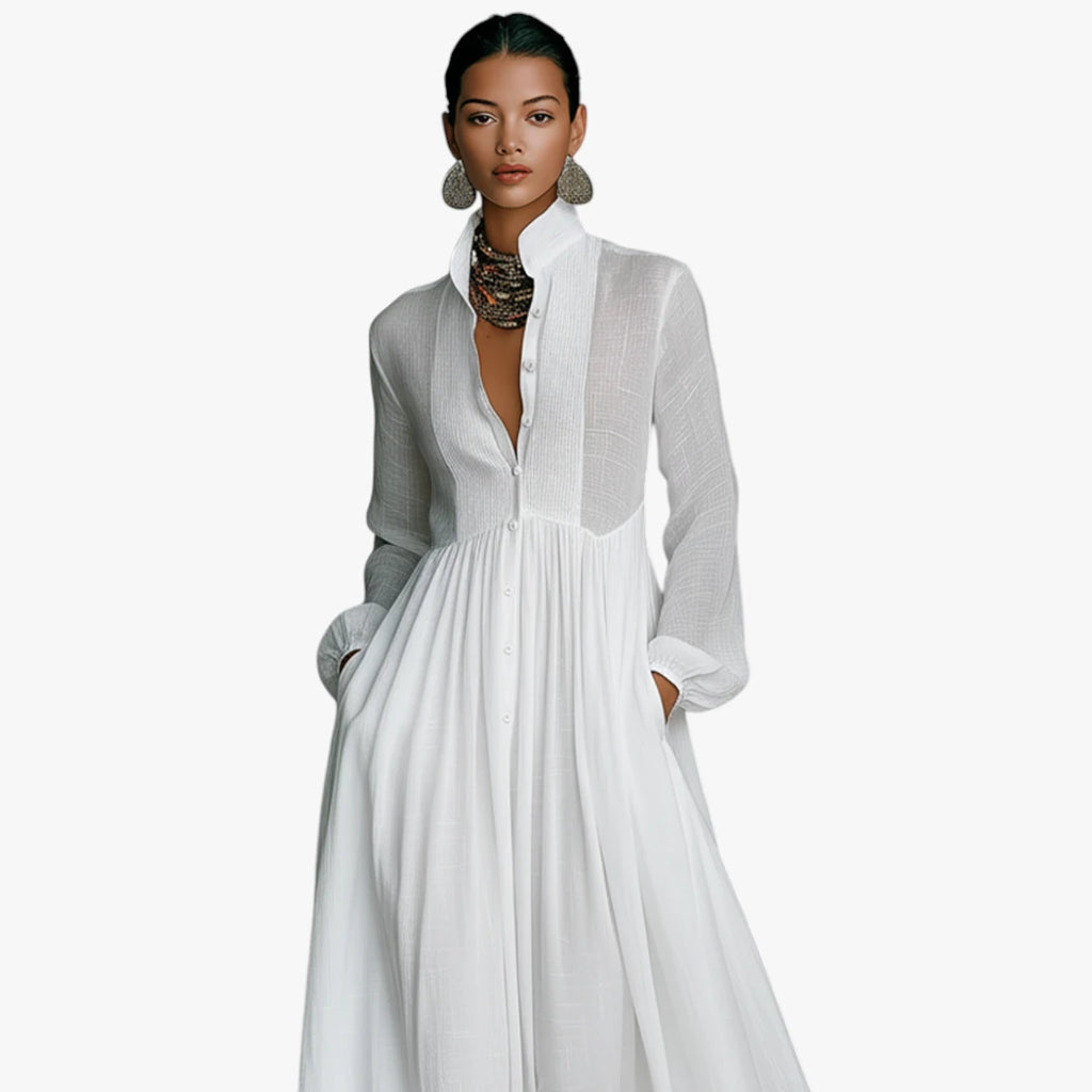 Dame Elegant Maxi Sommerkjole med Knapper og Krave