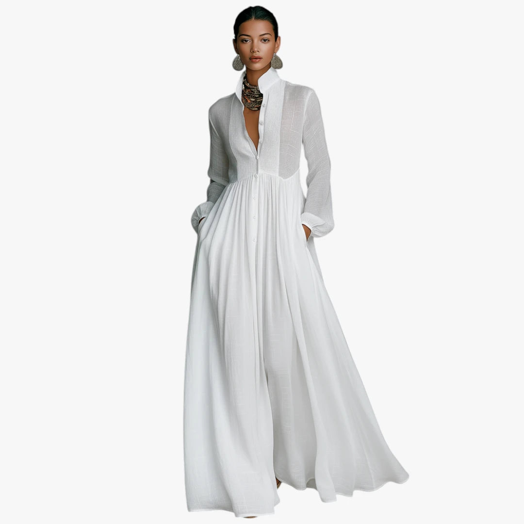 Dame Elegant Maxi Sommerkjole med Knapper og Krave