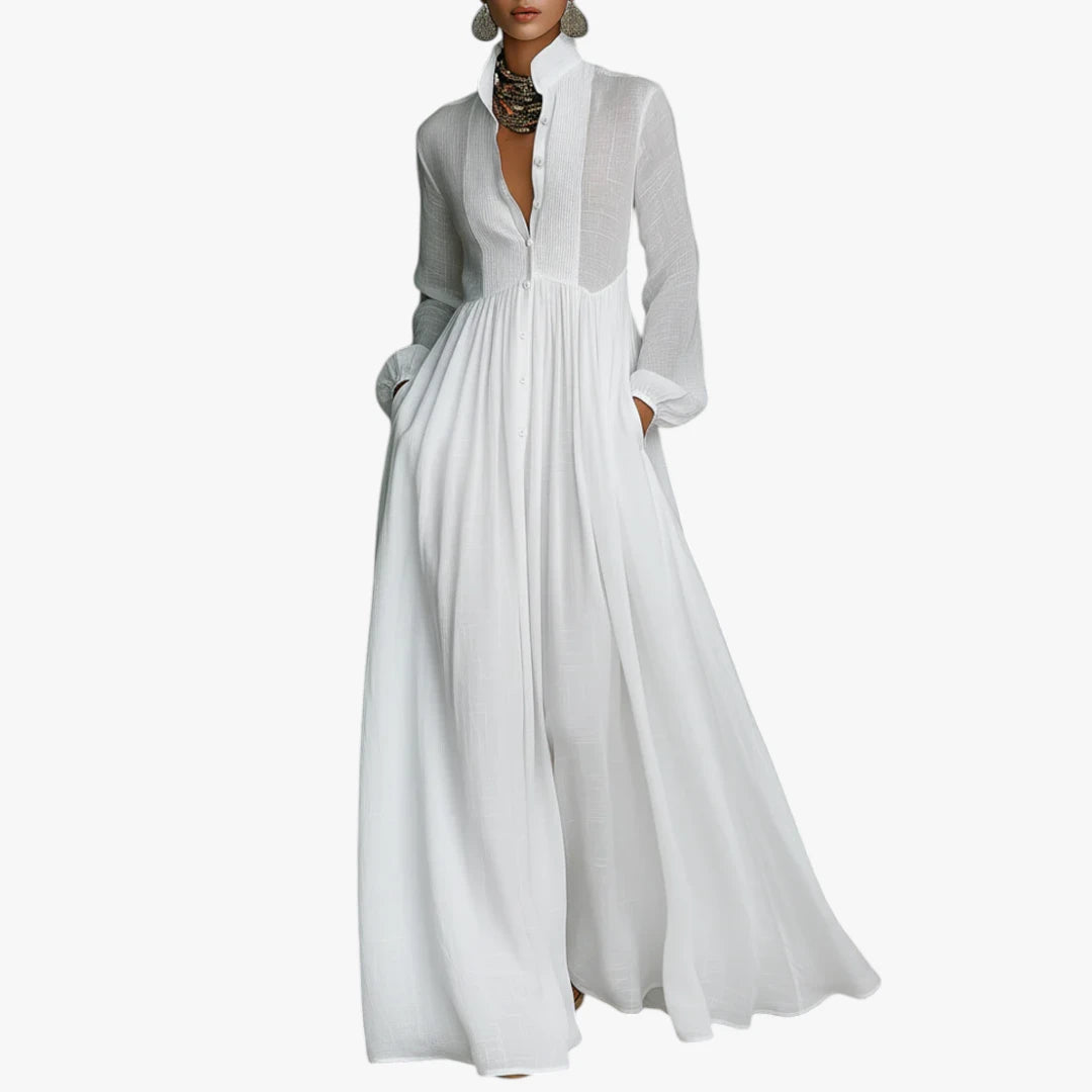 Dame Elegant Maxi Sommerkjole med Knapper og Krave