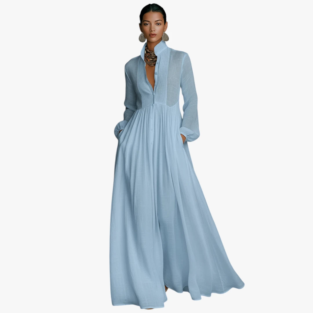 Dame Elegant Maxi Sommerkjole med Knapper og Krave