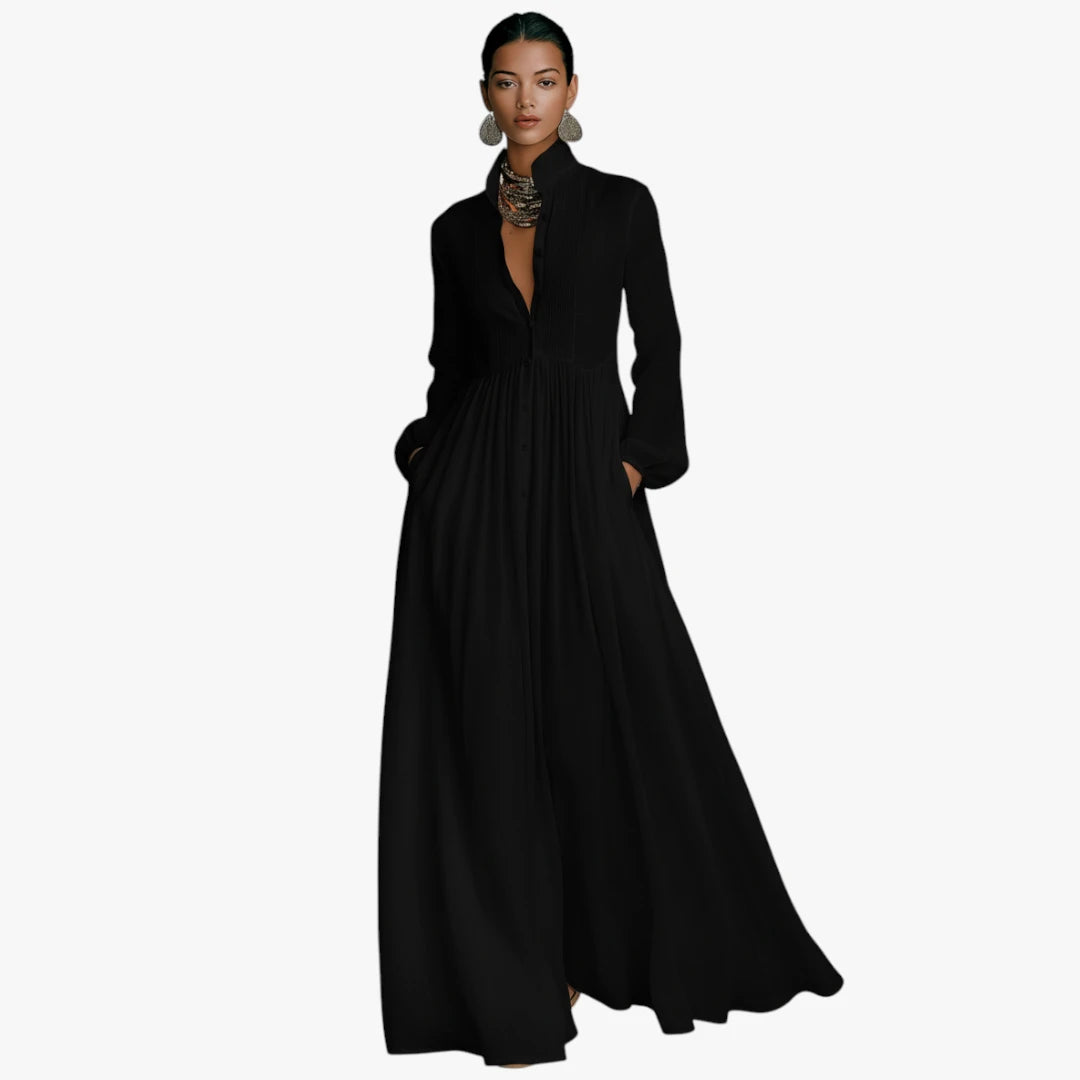 Dame Elegant Maxi Sommerkjole med Knapper og Krave