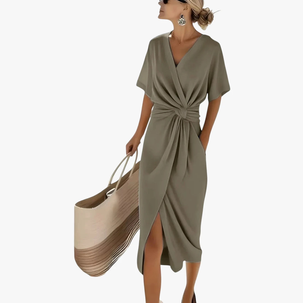 Dame Elegant Maxi Sommerkjole med V-Udskæring og Smockdetaljer