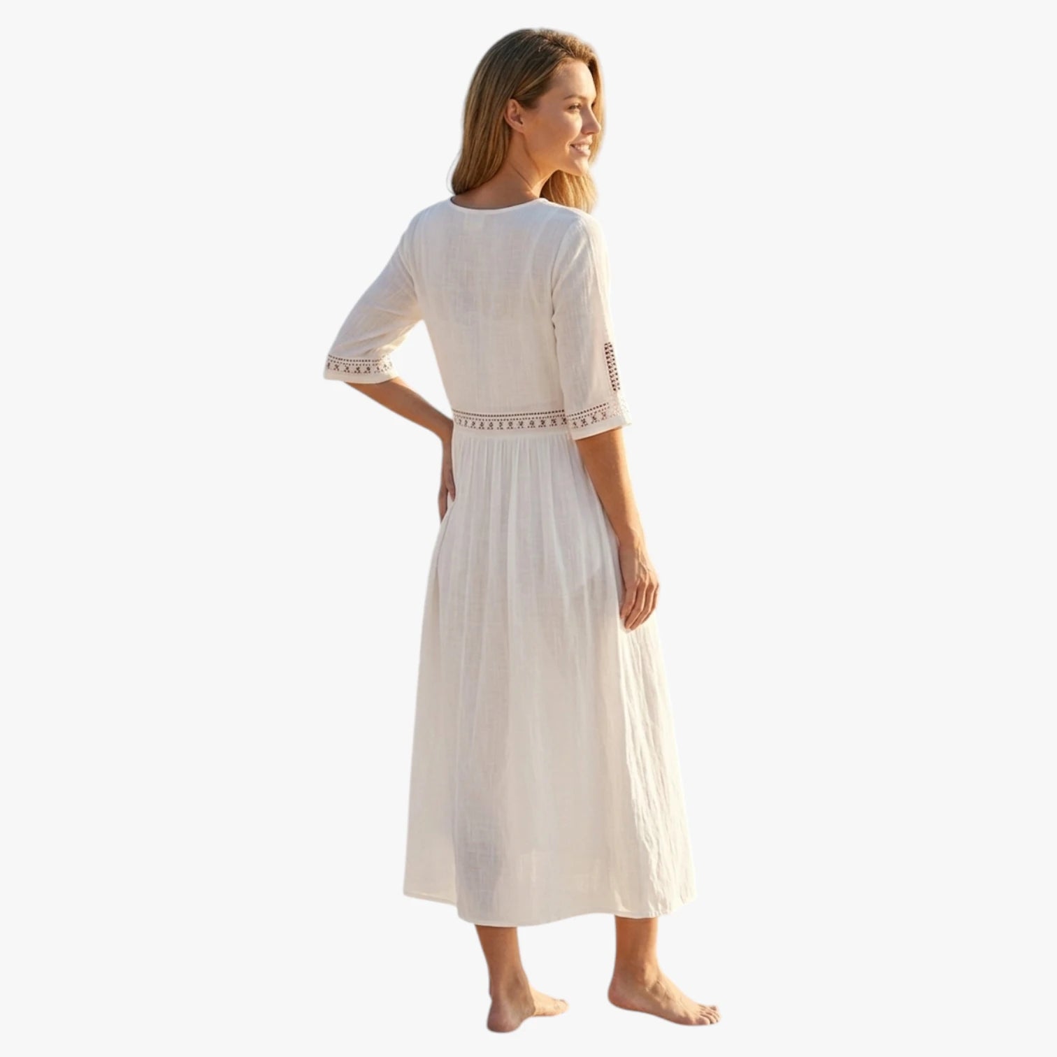 Dame Elegant Midi Sommerkjole med Broderi