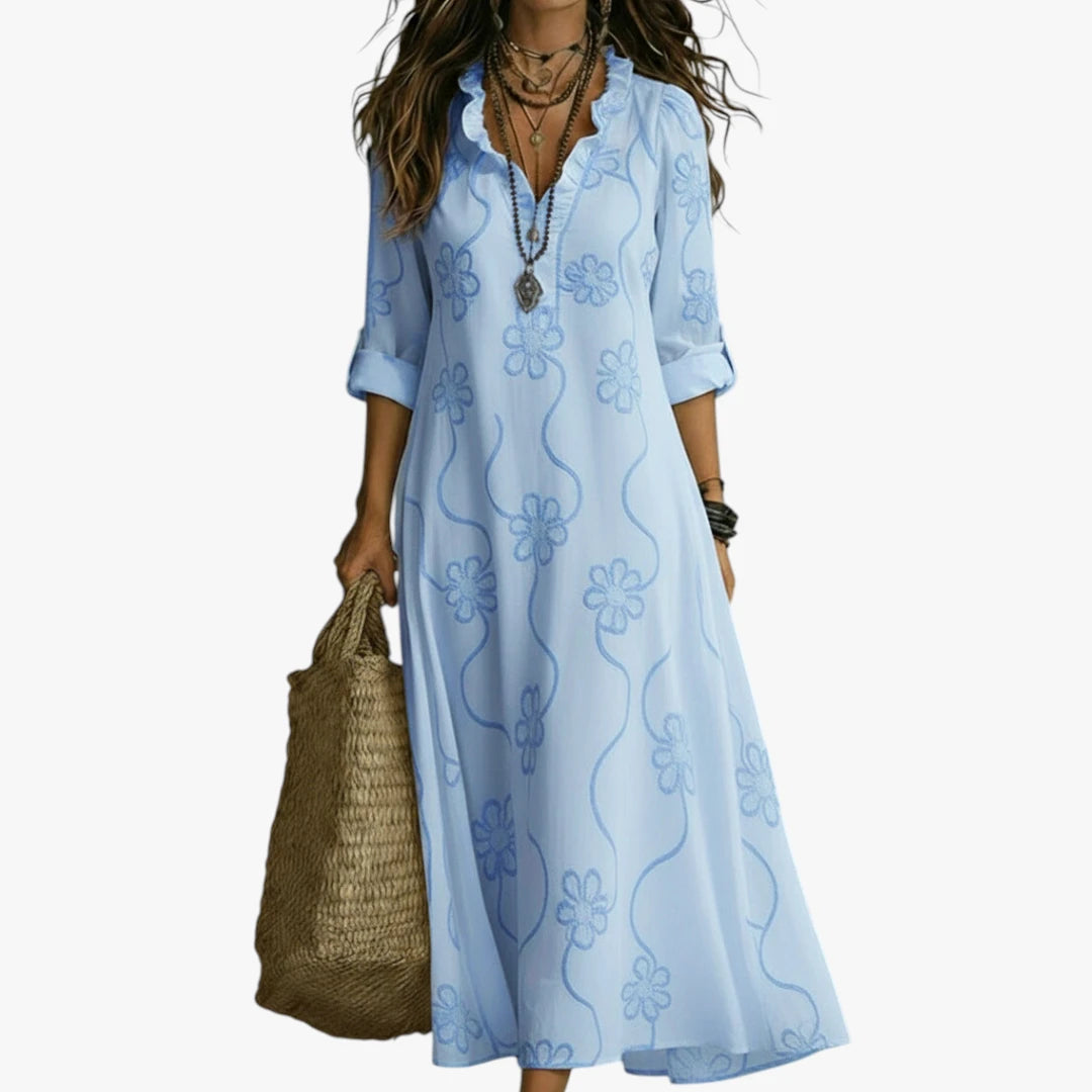 Dame Elegant Midi Sommerkjole med Flæser og Med Blomster