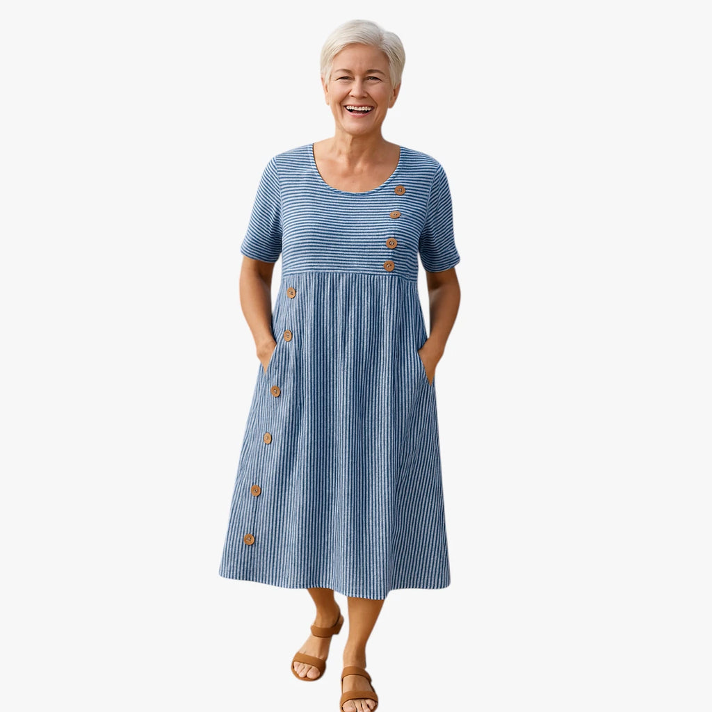 Dame Elegant Midi Sommerkjole med Knapper og Korte Ærmer