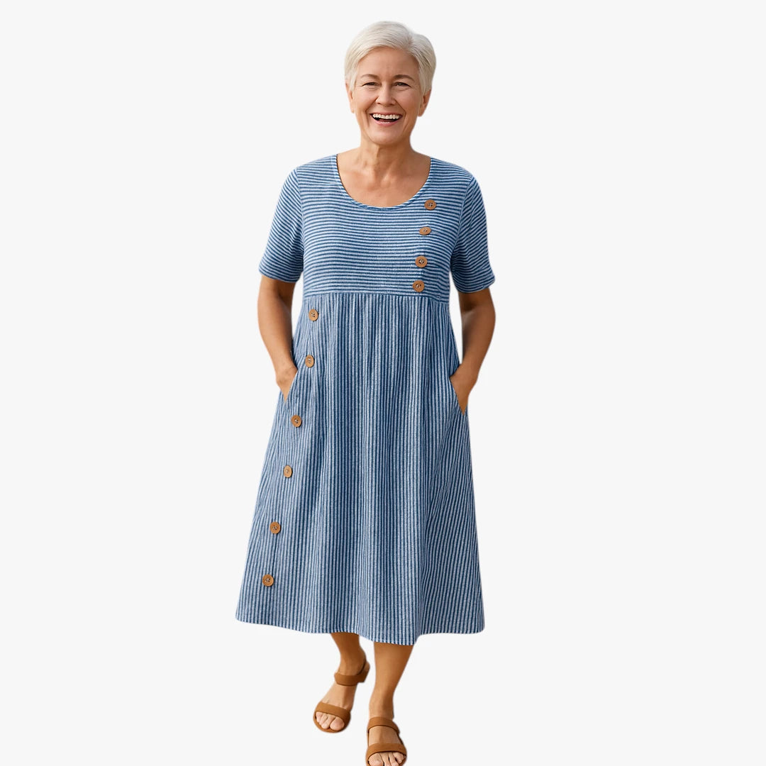 Dame Elegant Midi Sommerkjole med Knapper og Korte Ærmer
