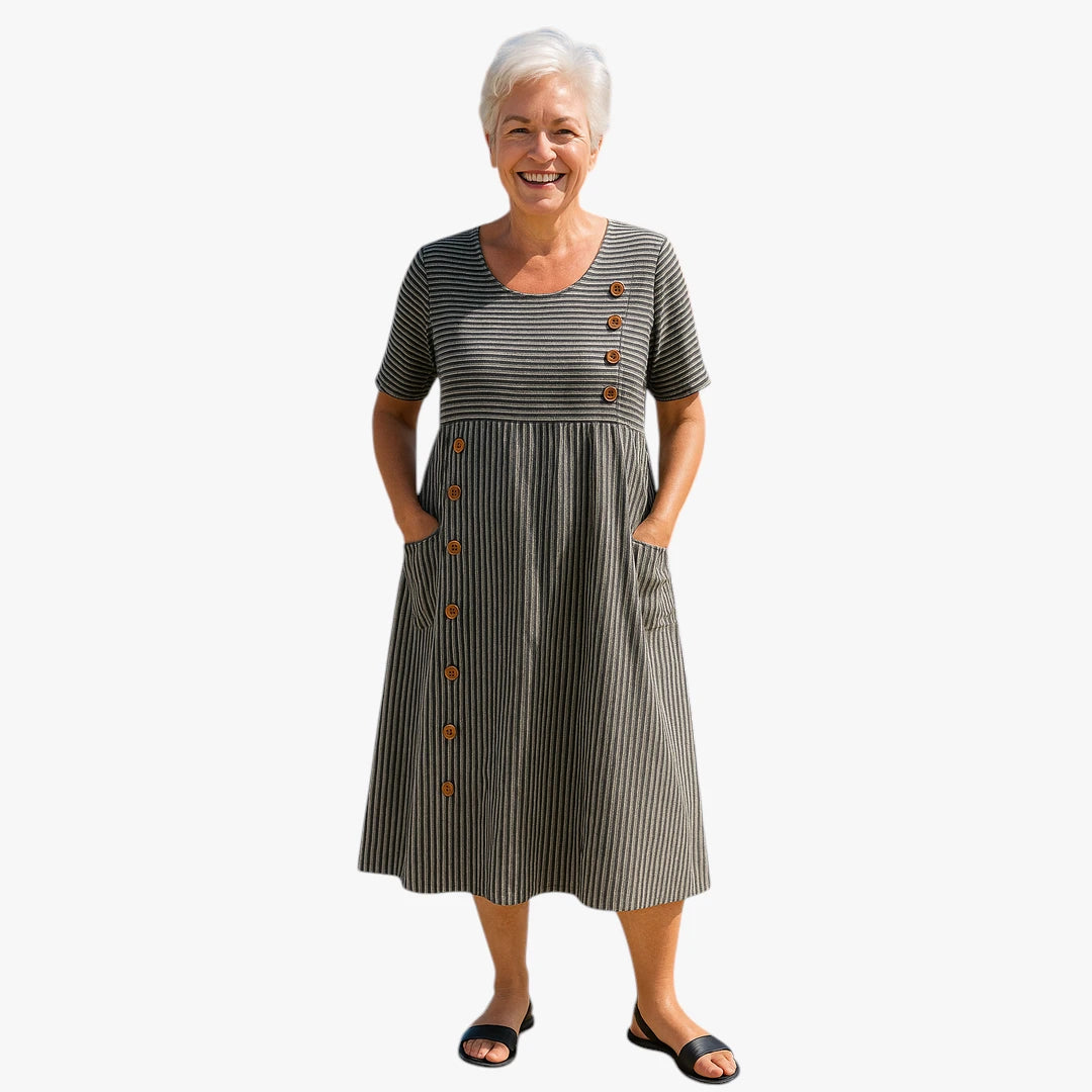 Dame Elegant Midi Sommerkjole med Knapper og Korte Ærmer