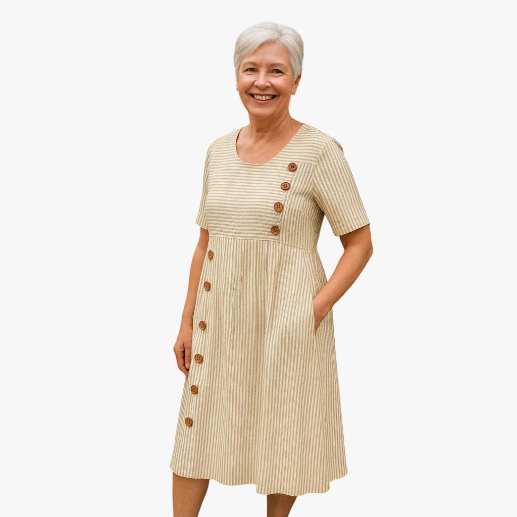 Dame Elegant Midi Sommerkjole med Knapper og Korte Ærmer