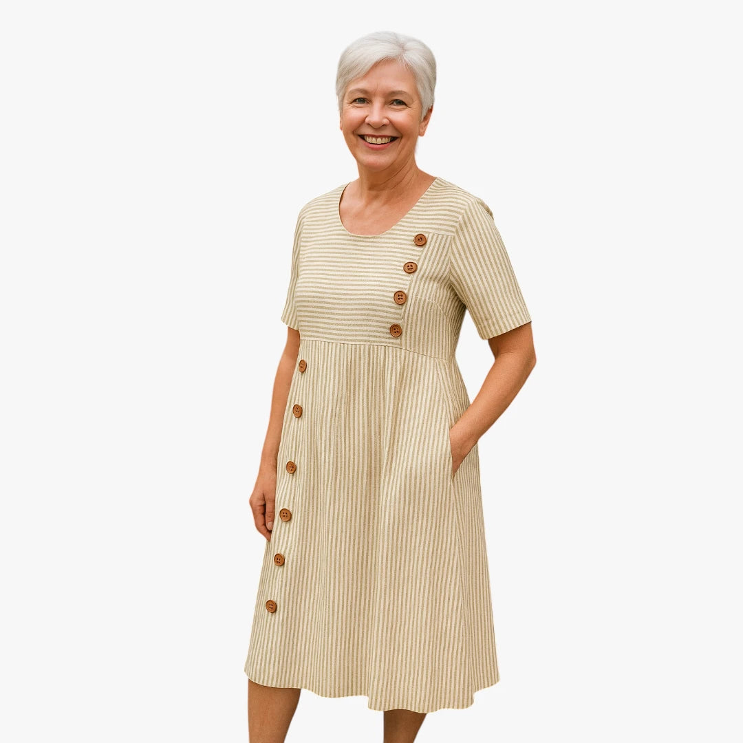 Dame Elegant Midi Sommerkjole med Knapper og Korte Ærmer