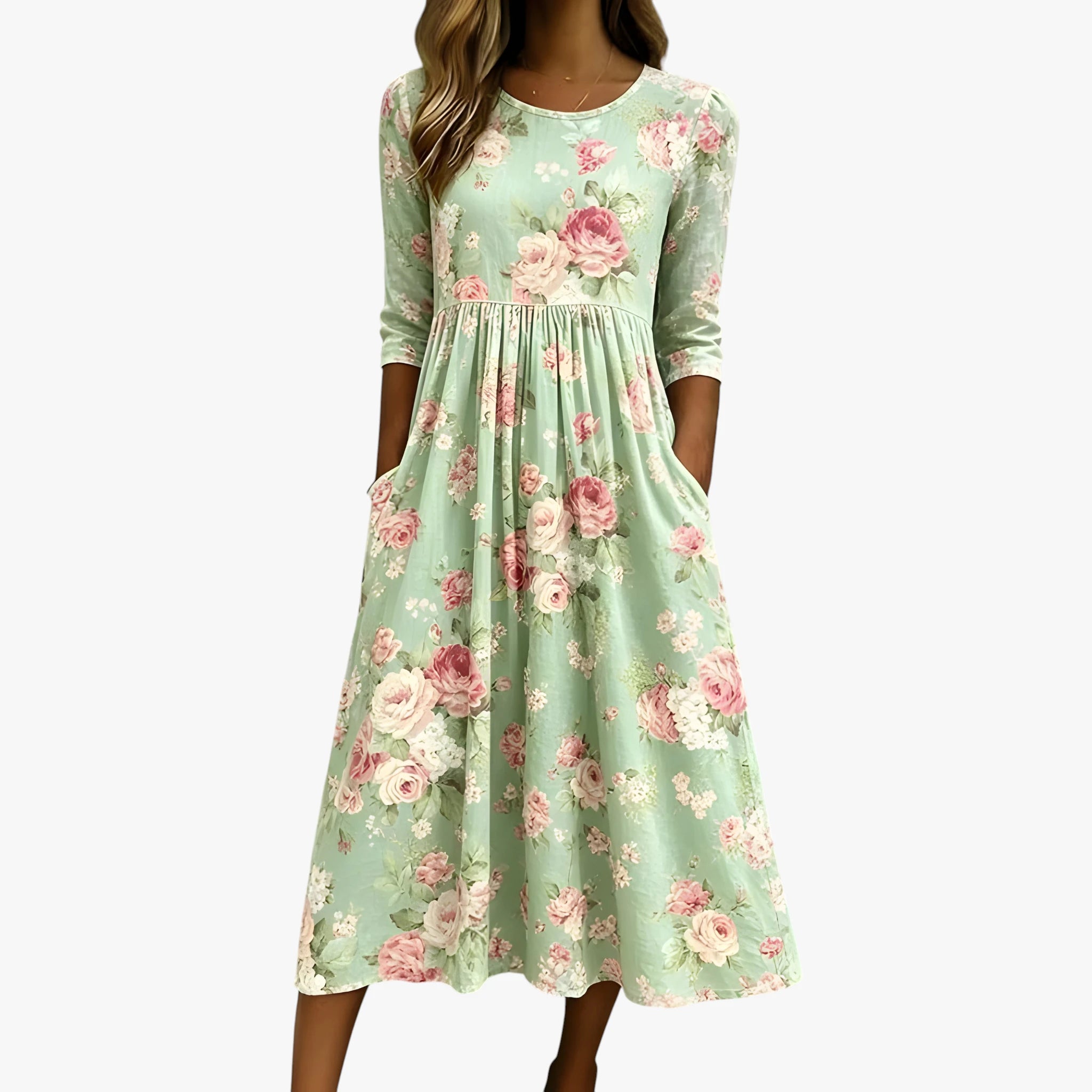Dame Elegant Midi Sommerkjole med Med Blomster og Lommer