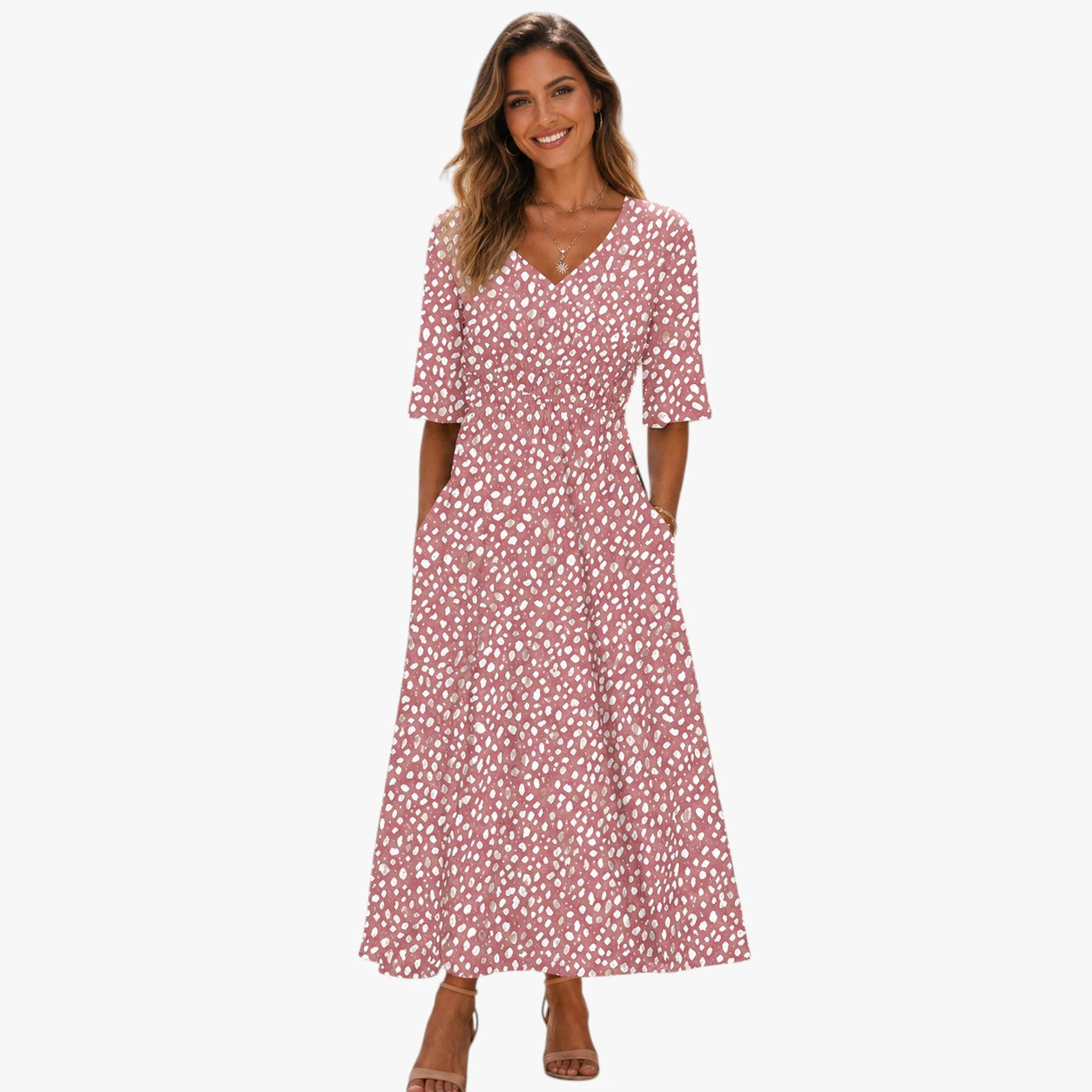 Dame Elegant Midi Sommerkjole med Prikket Mønster