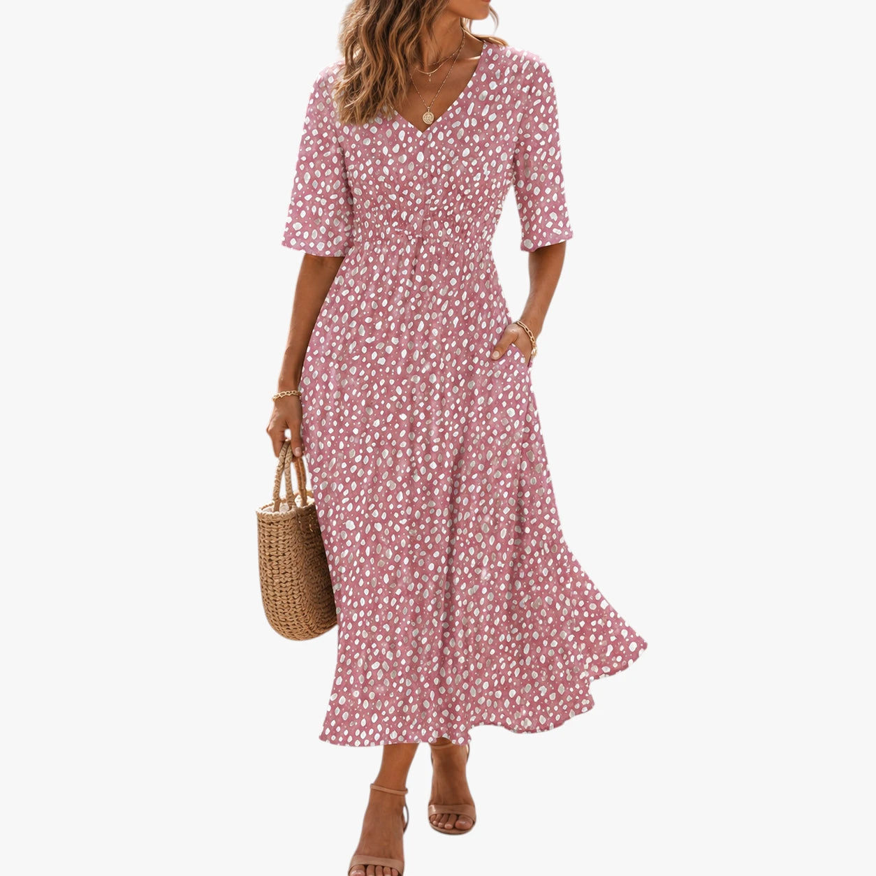 Dame Elegant Midi Sommerkjole med Prikket Mønster
