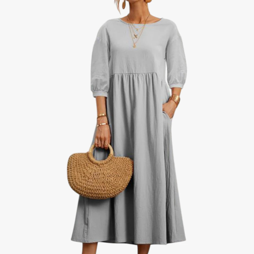 Dame Elegant Midi Sommerkjole med Pufærmer og Lommer