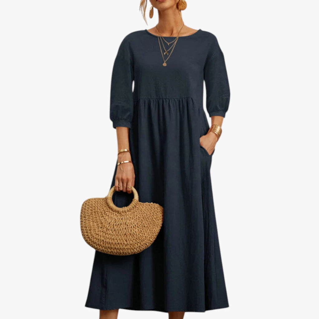 Dame Elegant Midi Sommerkjole med Pufærmer og Lommer