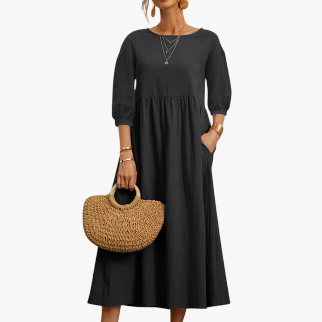 Dame Elegant Midi Sommerkjole med Pufærmer og Lommer