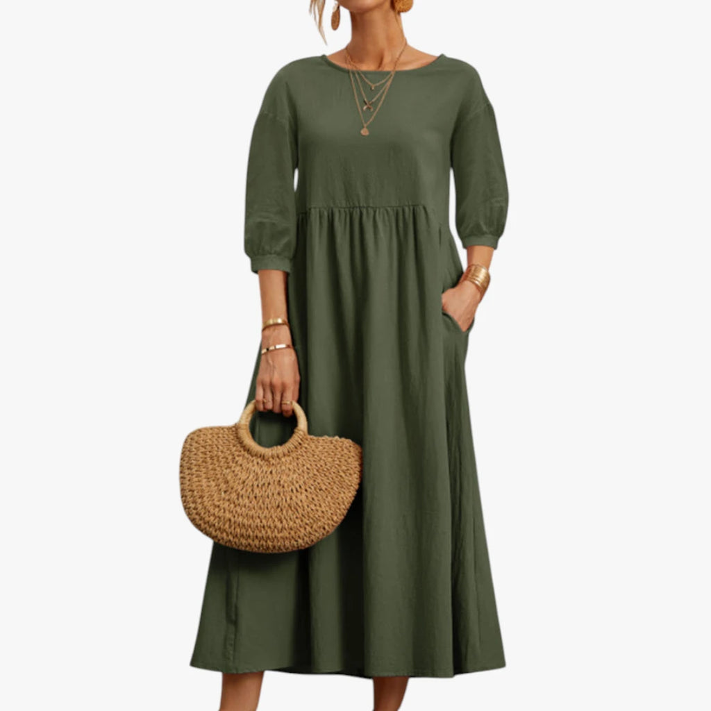 Dame Elegant Midi Sommerkjole med Pufærmer og Lommer