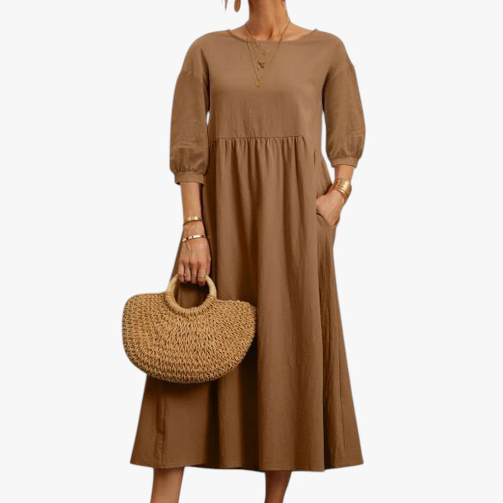 Dame Elegant Midi Sommerkjole med Pufærmer og Lommer