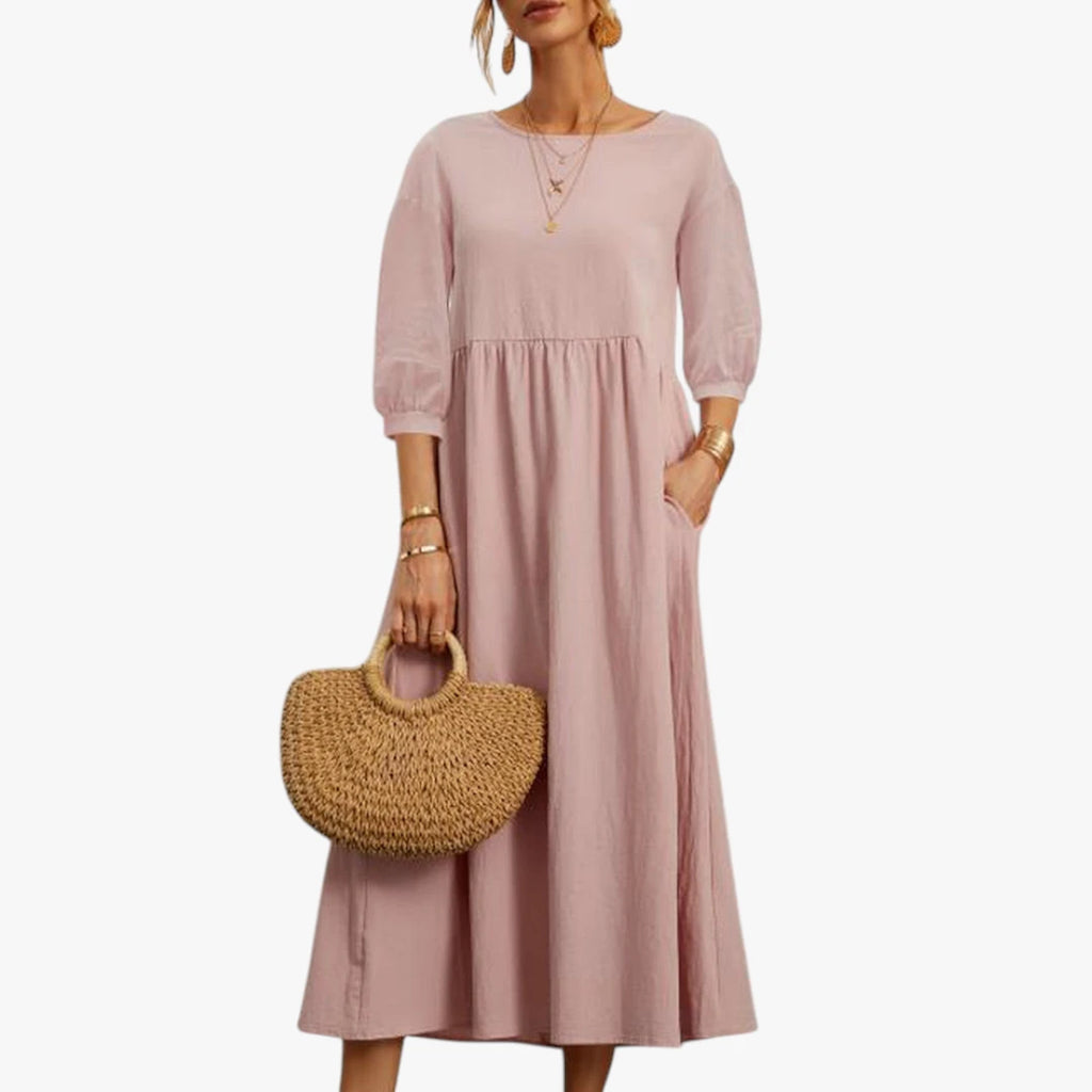 Dame Elegant Midi Sommerkjole med Pufærmer og Lommer