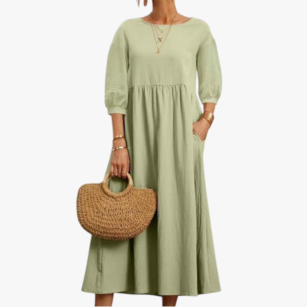 Dame Elegant Midi Sommerkjole med Pufærmer og Lommer