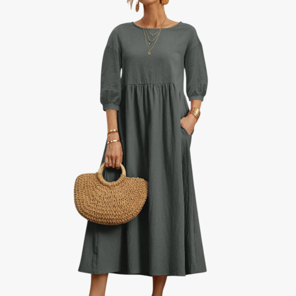 Dame Elegant Midi Sommerkjole med Pufærmer og Lommer