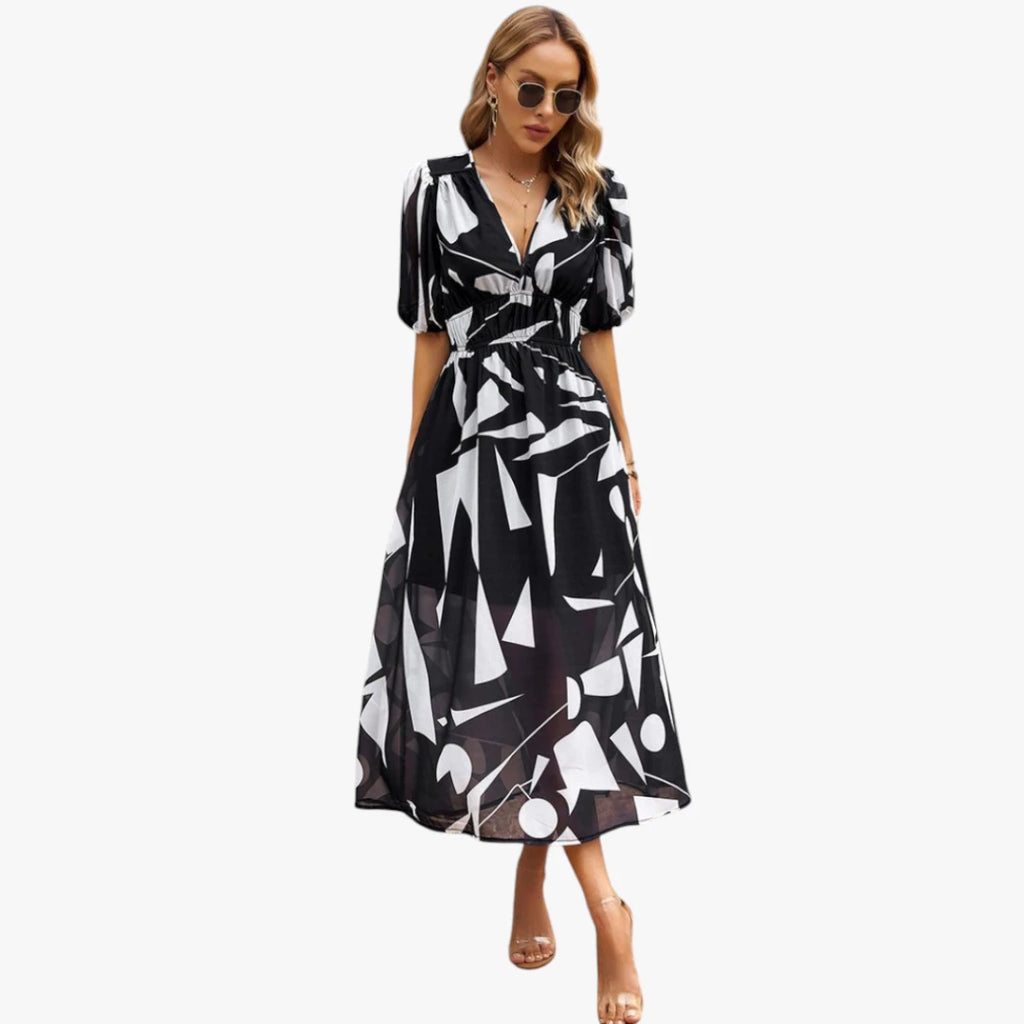 Dame Elegant Midi Sommerkjole med Smock og Blomster