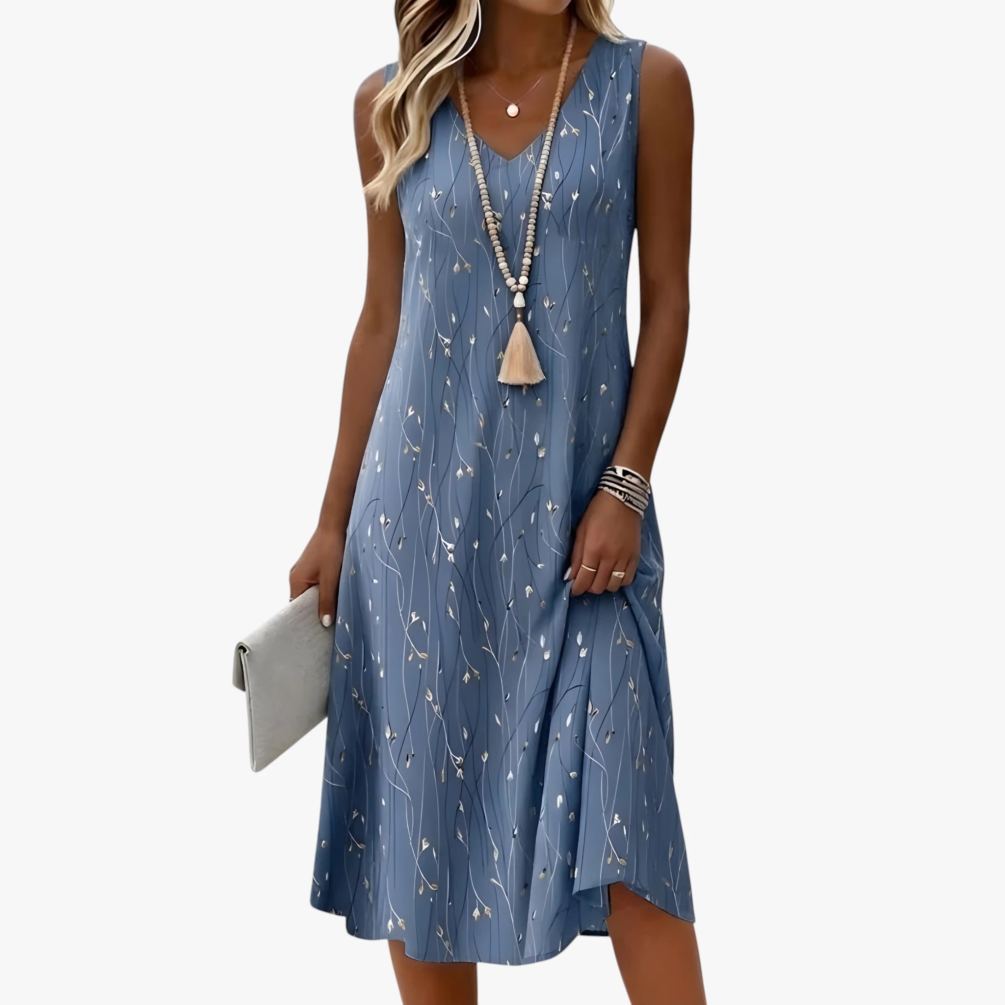 Dame Elegant Midi Sommerkjole med V-Udskæring og Med Blomster