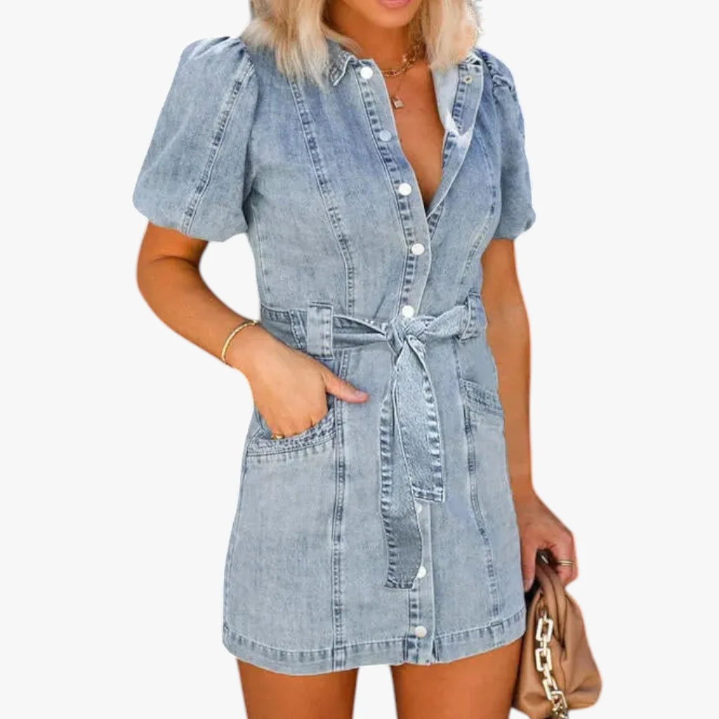 Dame Elegant Mini Denimkjole med Pufærmer