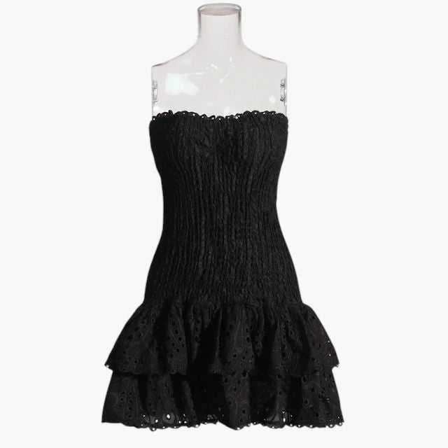 Dame Elegant Mini Sommerkjole med Bandeau og Flæseskørt