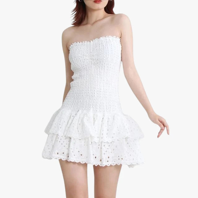 Dame Elegant Mini Sommerkjole med Bandeau og Flæseskørt