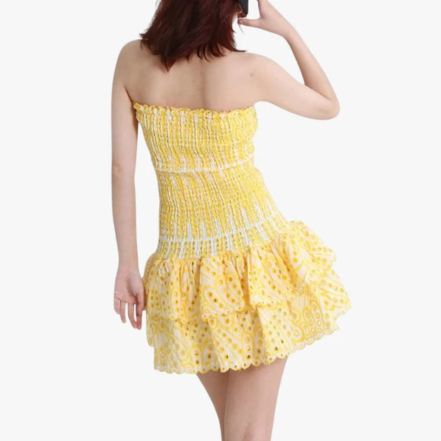 Dame Elegant Mini Sommerkjole med Bandeau og Flæseskørt
