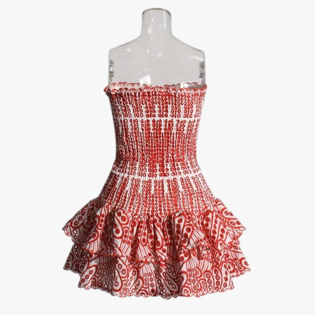 Dame Elegant Mini Sommerkjole med Bandeau og Flæseskørt