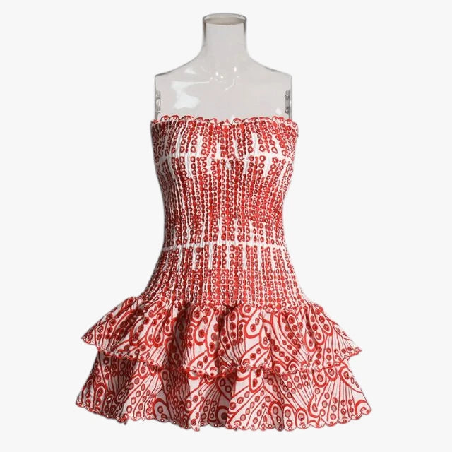 Dame Elegant Mini Sommerkjole med Bandeau og Flæseskørt